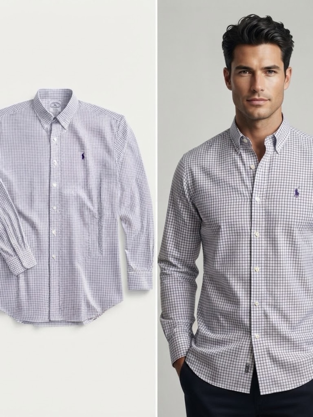Ralph Lauren Small Check Button-Down Shirt in White and Blue 15-1/2